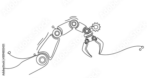 Continuous line drawing of robotic arm with gear mechanism, no editable stroke