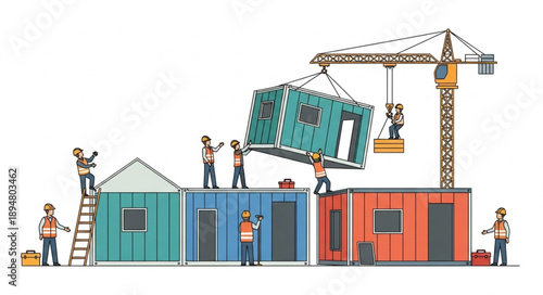 Construction workers assembling modular building units with crane.