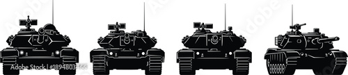Black and white vector silhouette set of modern main battle tanks in front view and perspective for military armored vehicle concepts and war graphics