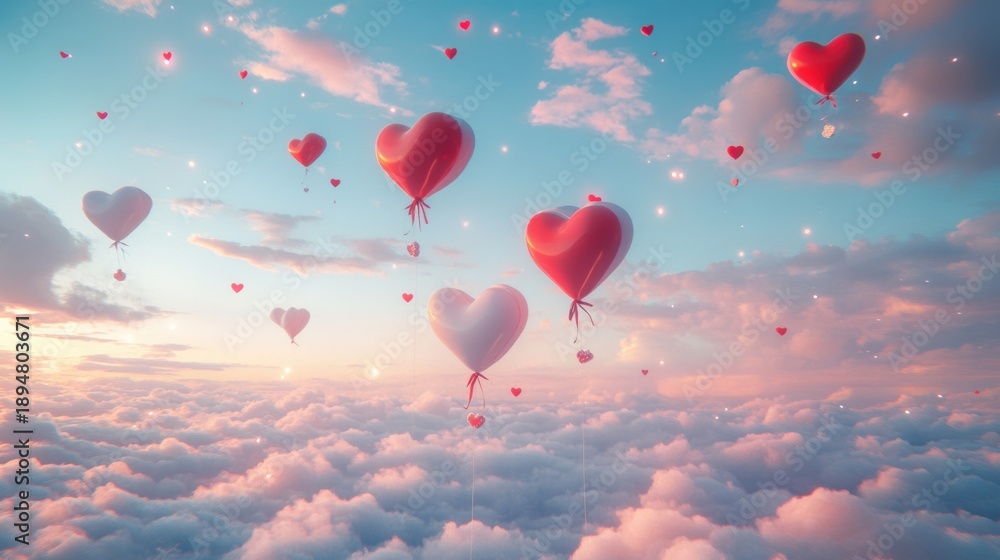 Fototapeta premium A Box flying on a parachute with pink cloud in valentine day,package flying down from sky and cloud with parachute, concept for delivery service,shopping online,air delivery service.