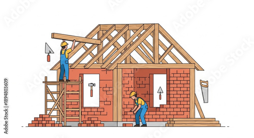 Construction workers building a brick house with wooden roof structure.