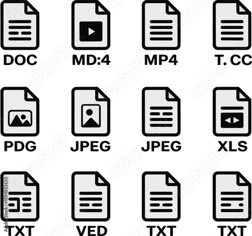 Collection of digital document file format icons, including text, image, and video extensions