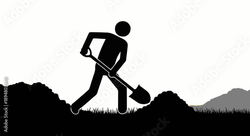 Silhouette of a person digging with a shovel in the ground.