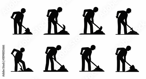 Silhouette of a person digging with a shovel in sequence.