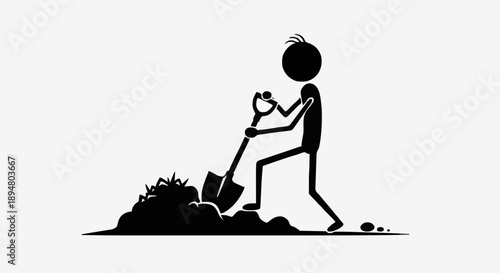 Silhouette of a person digging with a shovel in the dirt.