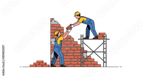 Construction workers building a brick wall on scaffolding.