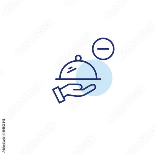 Food cloche in hand with minus symbol. Meal removed, order cancelled. Pixel perfect, editable stroke vector icon