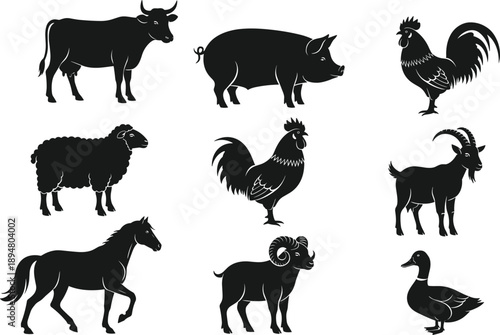 Black silhouette illustration set of farm animals including cow, pig, sheep, horse, rooster, goat, duck, rustic livestock collection isolated on white background