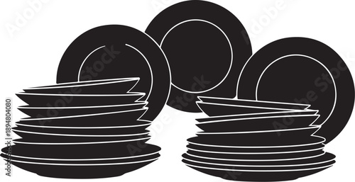 Black and white illustration of stacked dinner plates set