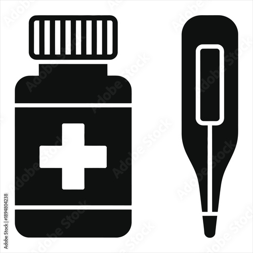 Pill bottle and medical thermometer icon set healthcare concept