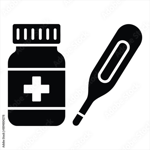 Pill bottle and medical thermometer icon healthcare and treatment