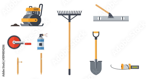 Collection of construction tools and equipment isolated on black