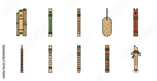 Collection of musical flutes and instruments on black background