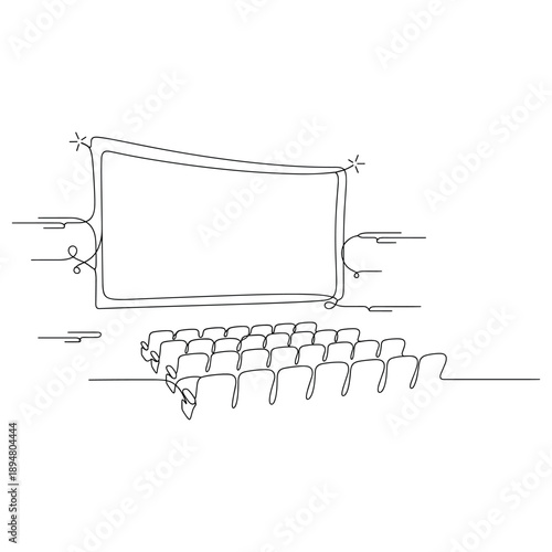 Minimalist sketch of empty cinema with rows of seats and large screen. No editable strokes