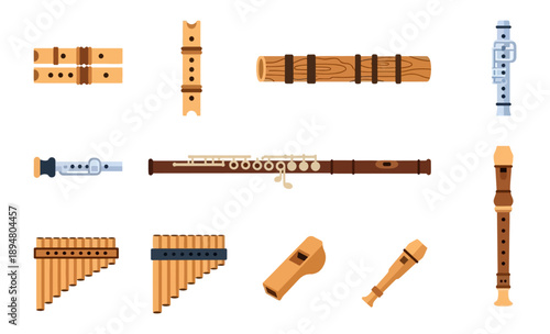Collection of musical wind instruments illustrations on black