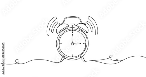 Minimalist continuous line drawing of alarm clock with bells. No editable strokes
