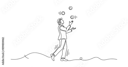 Young caucasian male juggler balancing balls in line art illustration. No editable strokes
