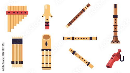 Collection of musical wind instruments isolated on black background