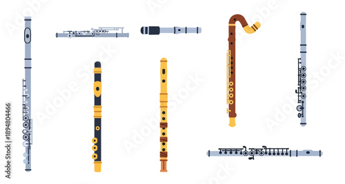 Collection of musical wind instruments on black background