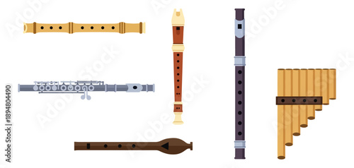 Collection of musical wind instruments on black background
