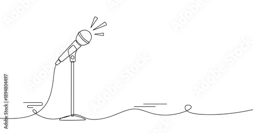Minimalist line drawing of a microphone on stand with sound waves. No editable strokes