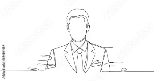 Continuous line art of a caucasian male adult in business suit. No editable strokes