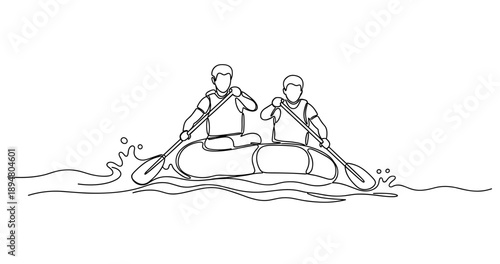 Line drawing of two people rafting together on a river. No editable strokes