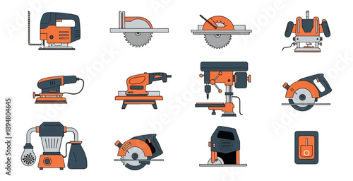 Collection of various power tools graphic illustration on a dark background