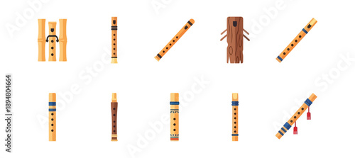 Collection of wooden flutes isolated on black background
