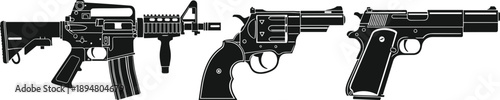 Black Vector Illustration Set of Modern Assault Rifle Short Carbine with Vertical Grip Double Action Revolver and Classic Semi Automatic Pistol Isolated on White