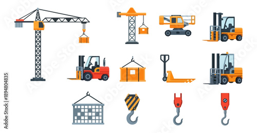 Construction equipment collection overhead cranes forklifts isolated