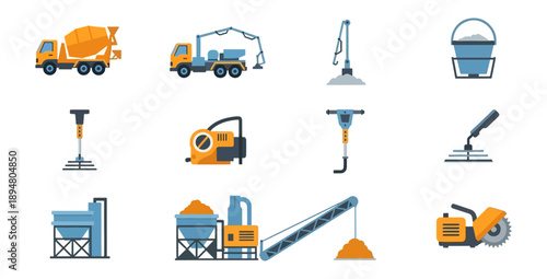 Construction equipment collection vector illustrations on black background