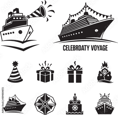Flat Design Cruise Ship Vector Set with Celebrity Voyage Icons and Travel Symbols