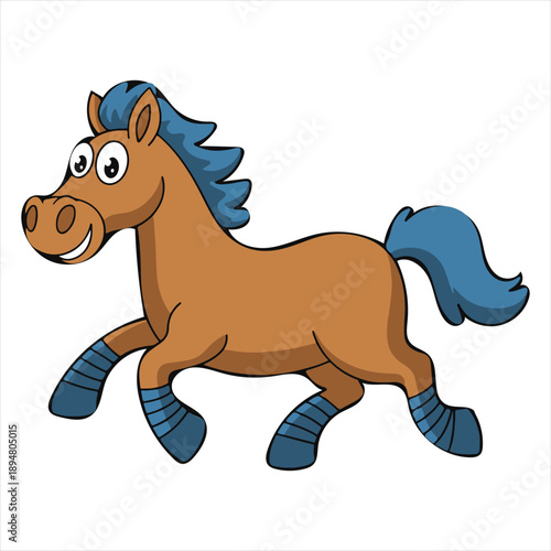 Cute cartoon horse character running happily on plain white background