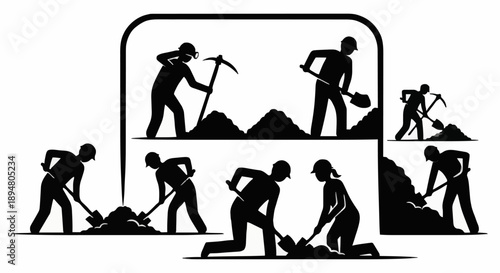 Silhouettes of people digging and excavating with tools.