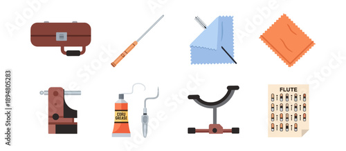 Assorted objects illustration toolbox tools materials and music sheet on black