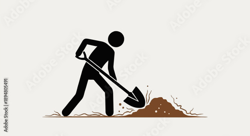 Silhouette person digging with shovel in dirt pile.