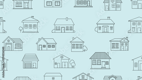 Continuous seamless pattern featuring various simple line art house designs on a light blue background for real estate themes.