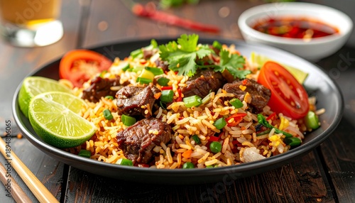 Thai Beef Fried Rice with Lime, Tomato, and Fresh Cilantro served on a Black Plate - Authentic Asian Gourmet Food