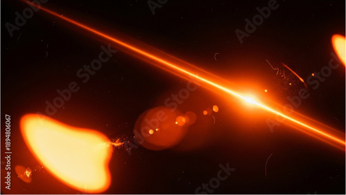 A vibrant orange light beam traverses a dark space filled with glowing orbs and abstract shapes viewed from an overhead perspective