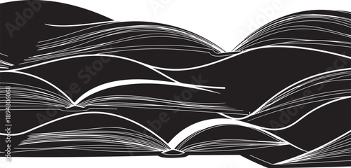 Black and white illustration of open book pages turning