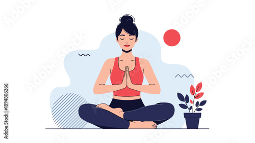 Calm woman practicing meditation in a seated lotus pose with her hands joined in prayer position against a peaceful blue backdrop.
