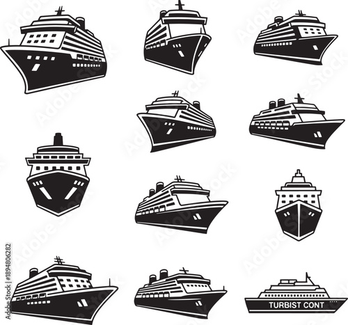 Set of 12 Cruise Ship Vectors in Flat Minimalist Style for Travel Designs