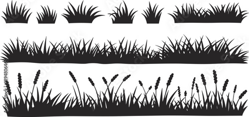 Grass silhouette collection featuring wild meadow plants, dense lawn borders, and natural ground foliage elements isolated in black vector illustration for landscape, garden, and outdoor design.