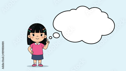 Cute young girl with black hair pointing up at a large empty speech bubble for educational messages or creative story ideas.