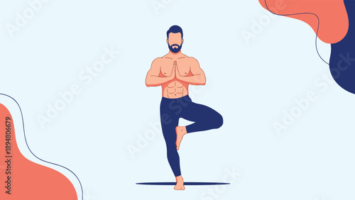Athletic bearded man practicing tree pose yoga to build balance and focus against an abstract background with soft colorful shapes.