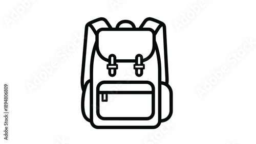 Simple black and white line art icon of a school backpack with multiple compartments for education and student supplies concepts.