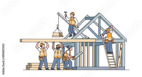 Construction workers building a house frame together.