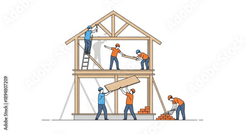 Construction workers building a house frame together on a sunny day.