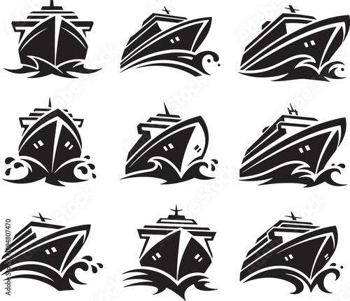 Black and White Sinking Ship Vector Set with Waves and Distress Icons